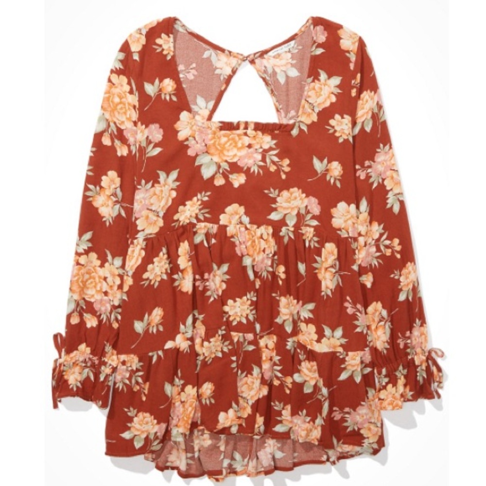 American Eagle Outfitters Orange Tiered Long Sleeve Babydoll Blouse